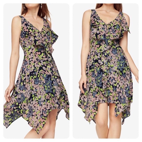 BCBG dark blue floral ruffle asymmetrical dress (size 6) - Picture 1 of 6